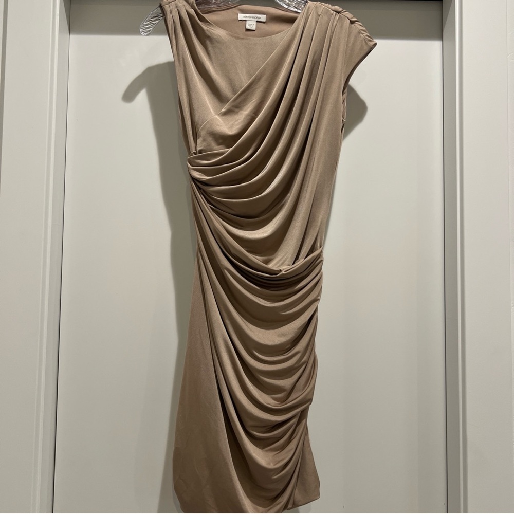 Boston Proper Asymmetrical Draped Dress in Tan